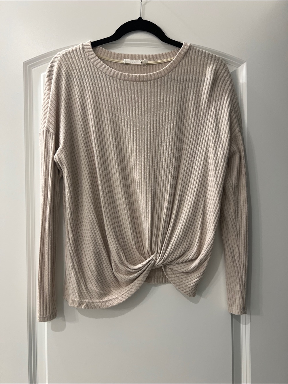 Lush Ribbed Twist-Front Long Sleeve Top - Beige/Cream